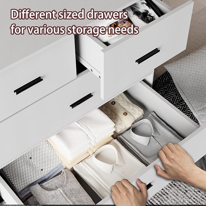 Dresser with Power Outlets Wooden 6 Drawer Dresser with Large Organizer White