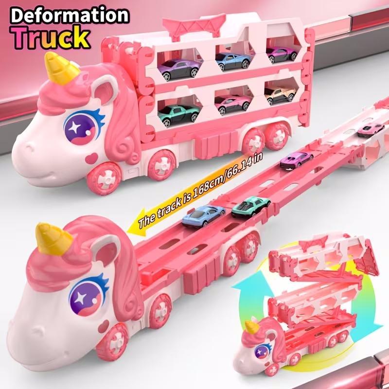 Cute Transforming Truck Toy Expandable Racetrack & Vehicle Storage Set Portable Carrier With Mini Cars Toy For Girls Ages 3 And Up,Pickup Only