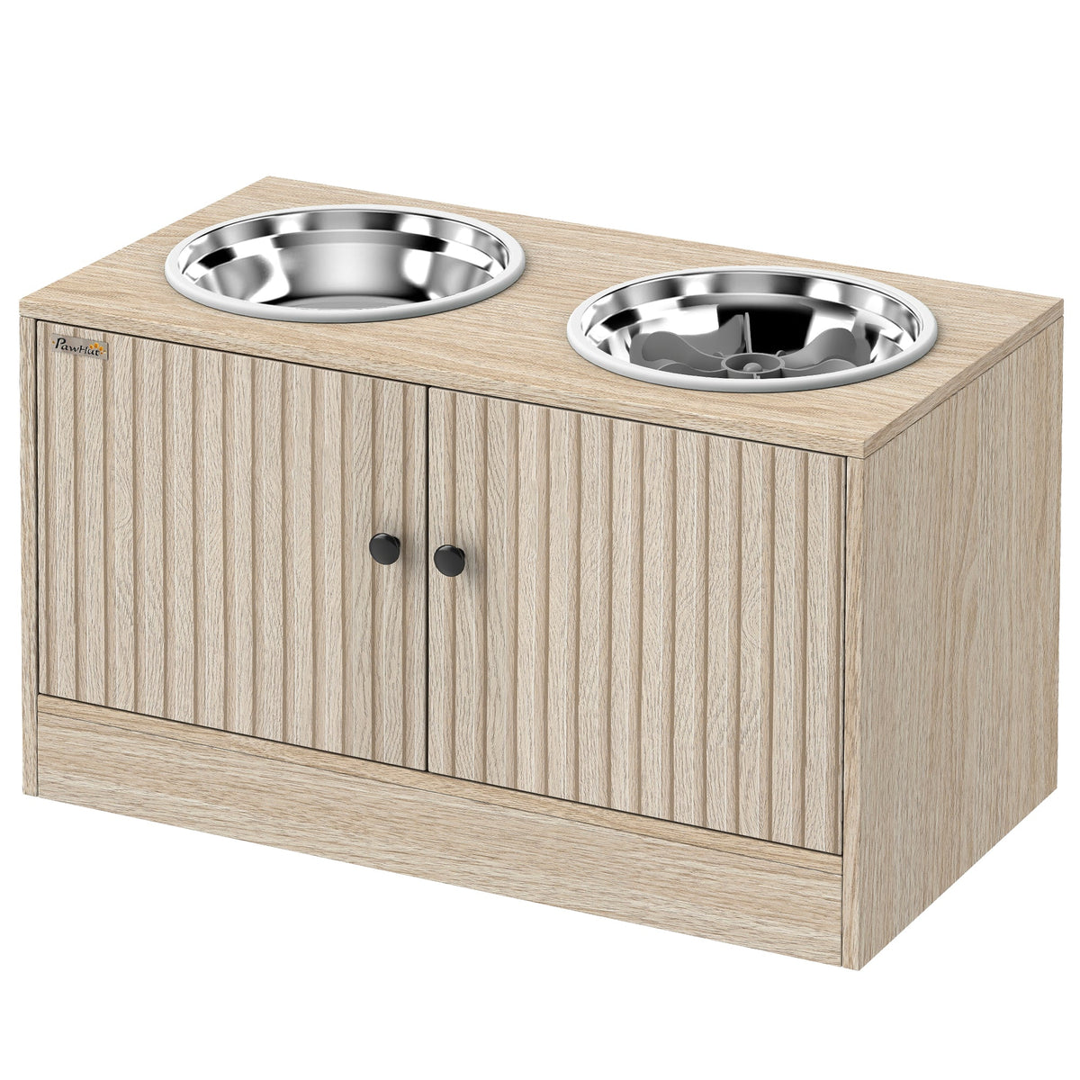 Elevated Dog Bowls with Storage Cabinet, 2 Stainless Steel Bowls, Slow Feeder, Dog Feeding Station for Large Dogs, Oak