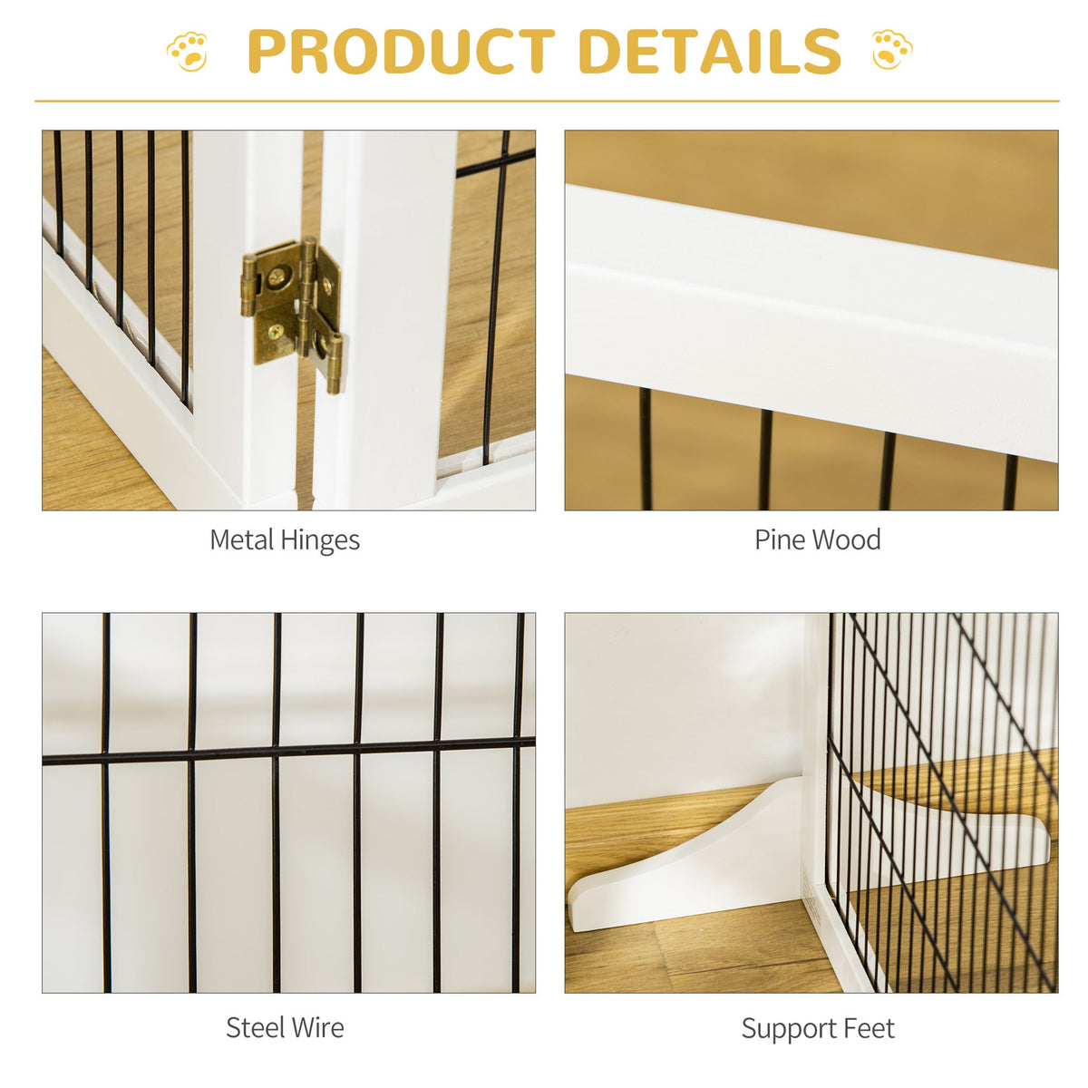 Wooden Pet Gate, 6-Panel Folding Dog Safety Barrier with Support Feet for Small & Medium Dogs, White