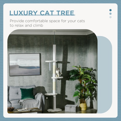 PawHut Floor To Ceiling Cat Tree With Scratching Posts, 88.5-100.5 Adjustable Height, Cat Climbing Tower With Cloud Shape Platforms, Toy Balls, Anti-toppling Device, White