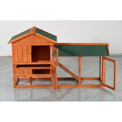 Large Wooden Rabbit Hutch, 2 Story Outdoor Bunny Cage With Waterproof Asphalt Roof, Pull-Out Tray Ramp, Fir Wood Pet House For Rabbits, Chickens, Guinea Pigs Brown Green