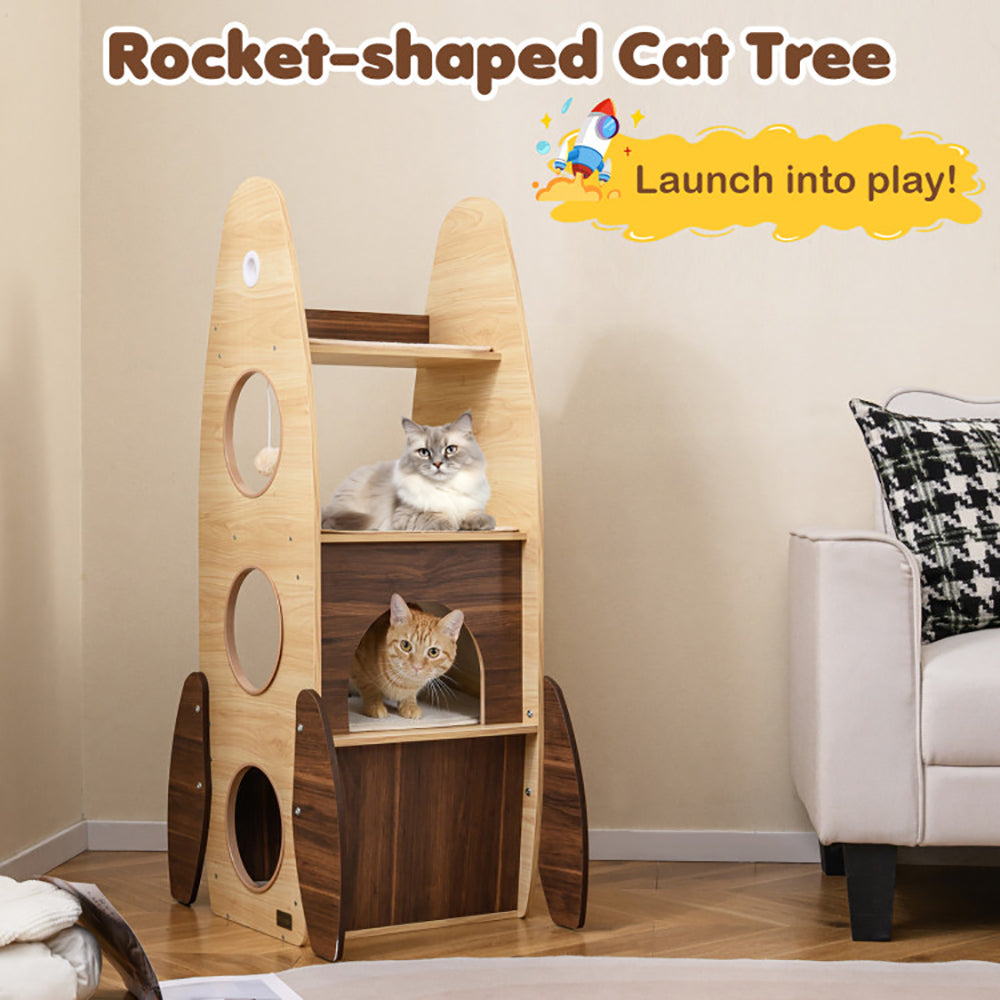 Rocket Cat Tree 47 Inch Large Wooden Cat Tower For Indoor Cats Sisal Scratching Pad Detachable Scratching Mat