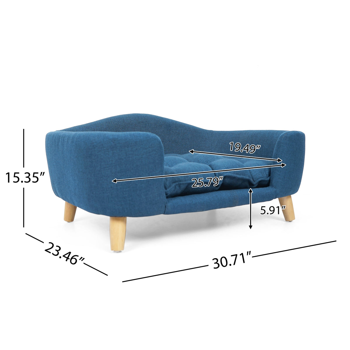Elevated Dog Bed Frame for Small Dog, Fabric Pet Couch Bed with Rubber Wood Legs and Supportive Foam, Navy Blue, Easy Assembly