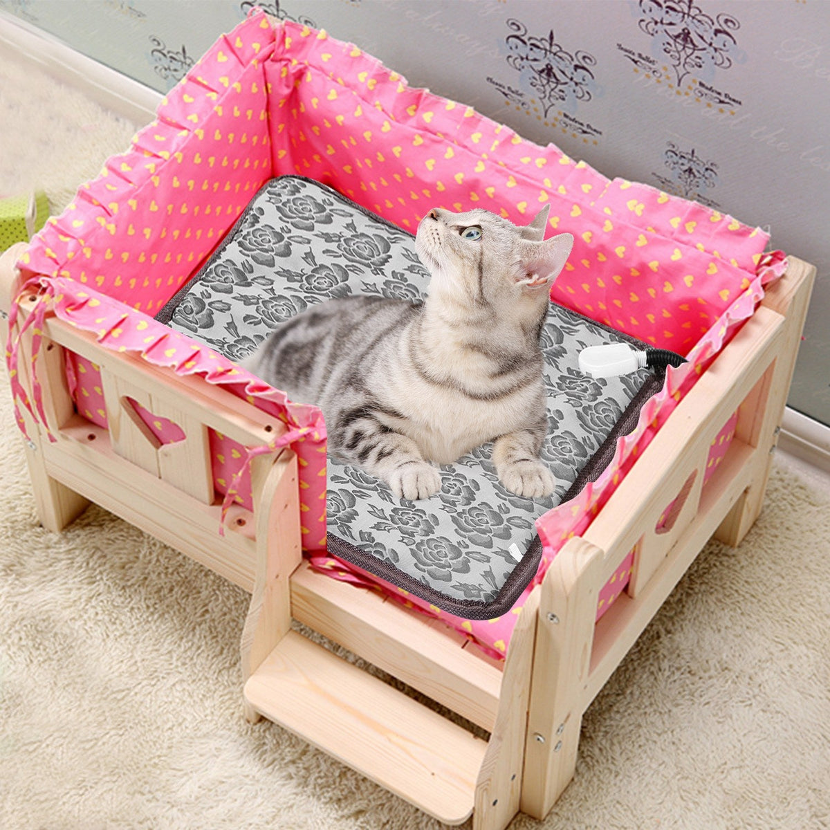 1Pc Pet Heating Pad Dog Cat Electric Heating Mat Waterproof Adjustable Warming Blanket With Chew Resistant Steel Cord Case
