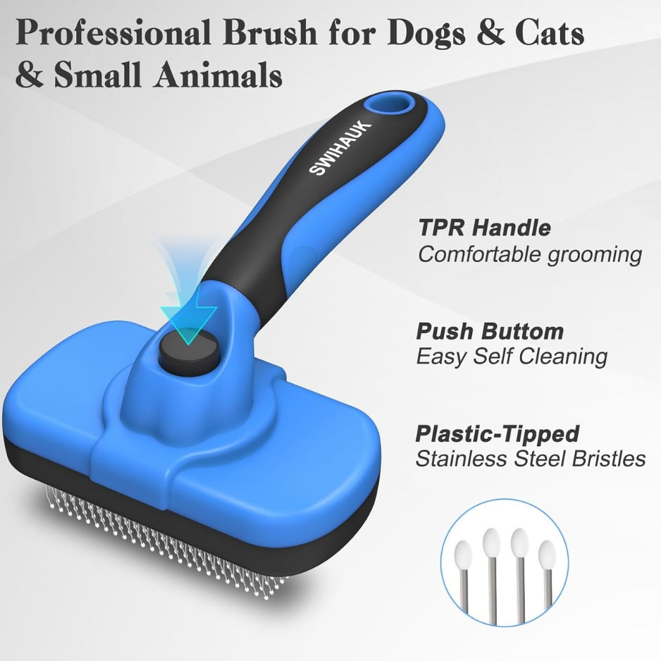 Swihauk Self Cleaning Slicker Brush Skin Friendly Deshedding Grooming Tool For Dogs Cats Suitable For Shedding Haired Pets With Pet Supplies Accessories Blue