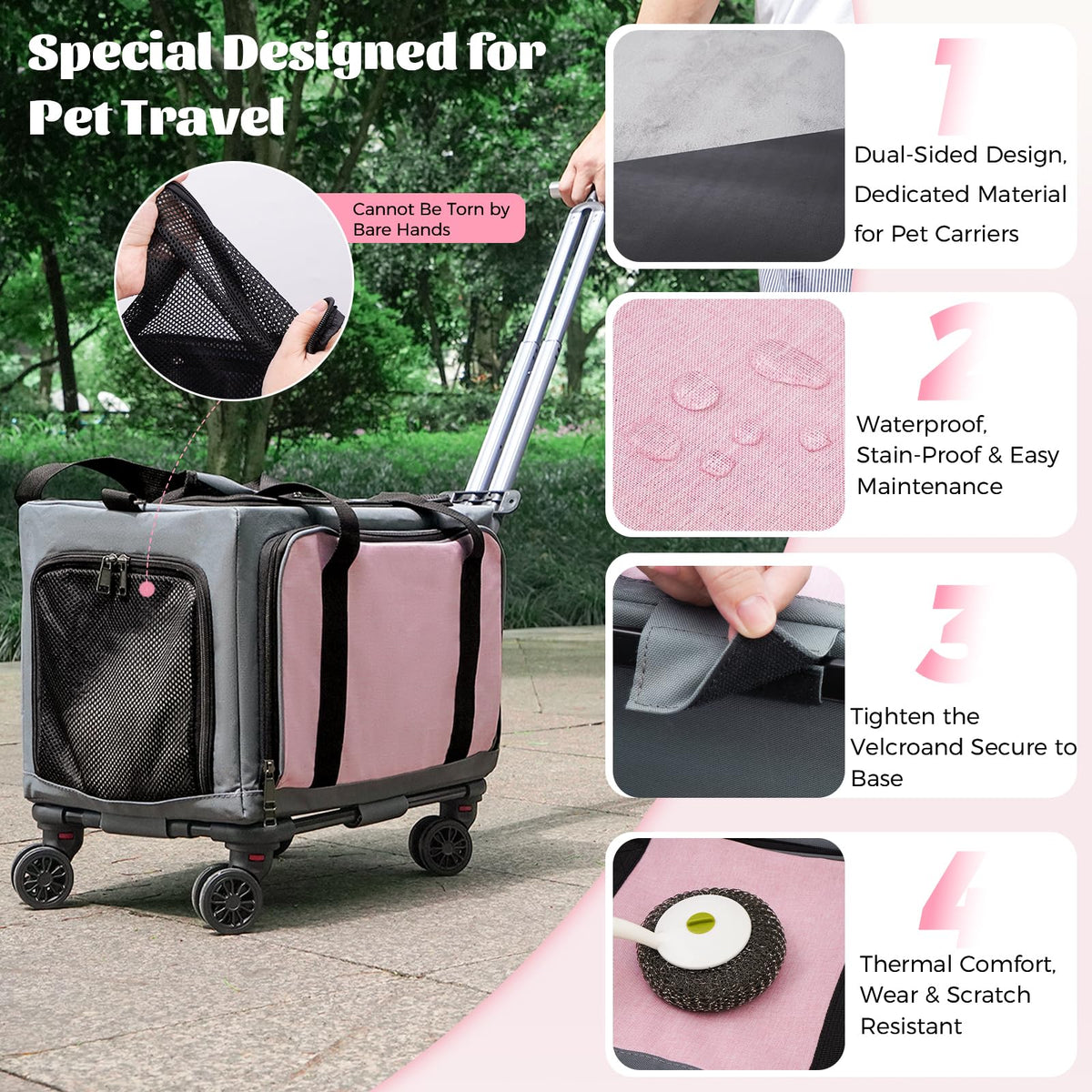 3-Sided Expandable Rolling Pet Carrier With Wheels, Small Cat Dog Travel Carrier, Foldable Portable Bag Grey For Travel Camping Vet Outdoor Indoor Use