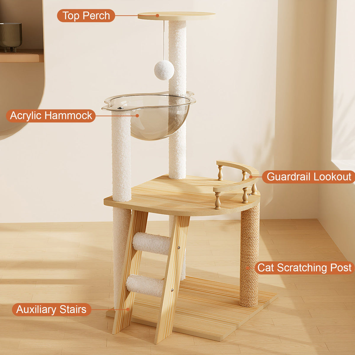 41.3" Modern Cat Tower, Wood Cat Tree Tower for Indoor Cats, Cat Treewith Sisal-Covered Scratching Posts and Top Perch, Cat Condo with Acrylic Hammock for Small Large Cats