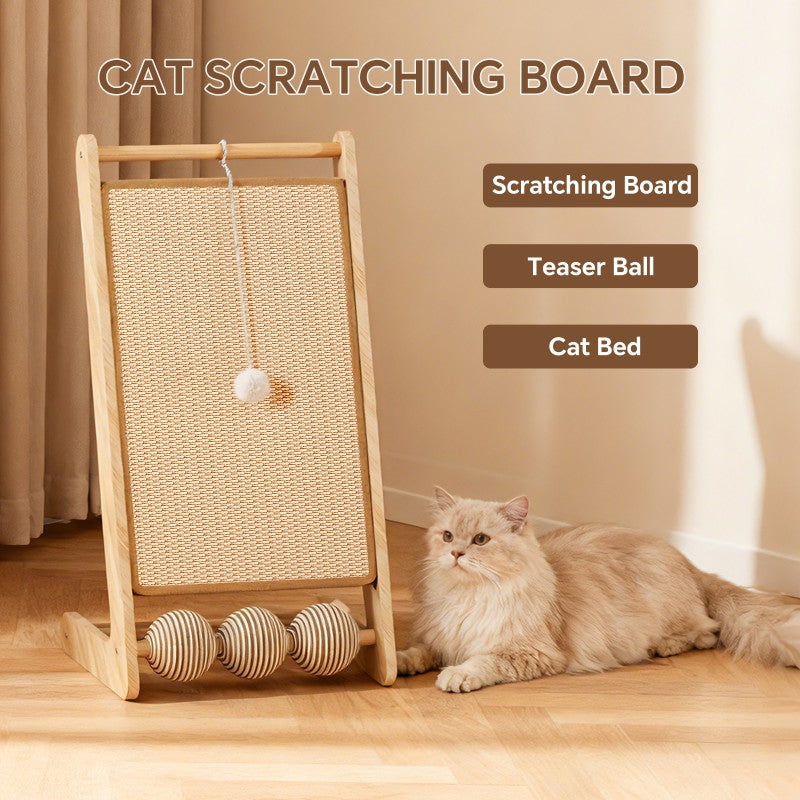 Large Vertical Sisal Cat Scratcher With Balls, Wooden Frame -Sisal Scratching Surface, Hanging Teaser Ball-Sisal Balls, Cat Claw Care & Play Toy