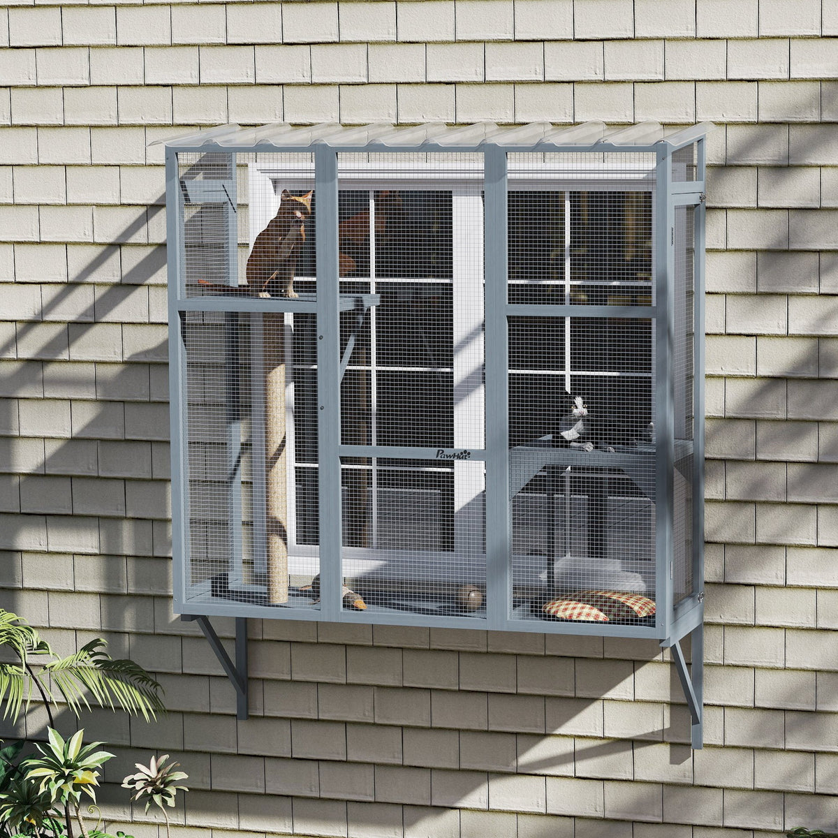 Catio Outdoor, Window Catio for 2-3 Large Indoor Cats w/ 2 Jumping Platforms, Scratching Post, for Playing, Napping