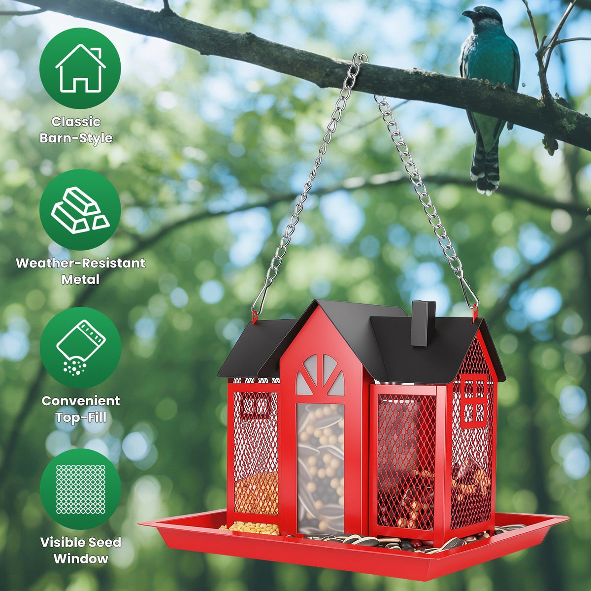 1Pc Metal Hanging Bird Feeder House Classic Barn Bird Feeder House Iron Hanging Outdoor Feeder With Visible Window And Lift Top Lid 15.75in Hanging Length Wild Birds Garden Yard