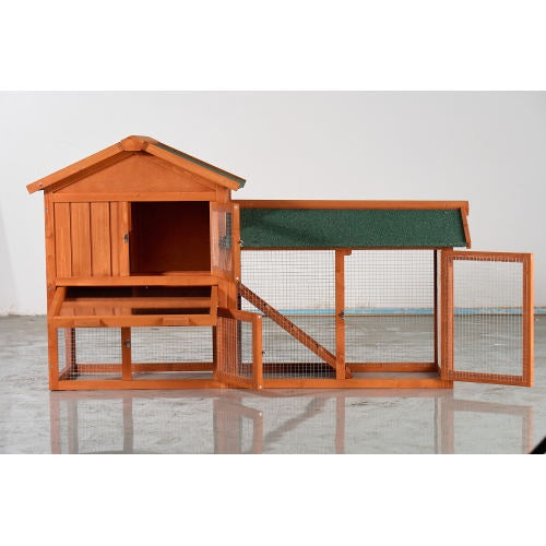 Large Wooden Rabbit Hutch, 2 Story Outdoor Bunny Cage With Waterproof Asphalt Roof, Pull-Out Tray Ramp, Fir Wood Pet House For Rabbits, Chickens, Guinea Pigs Brown Green