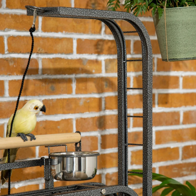 PawHut Parrot Stand Large Bird Perch Stand With Toy Hook 3 Ladders, Parrot Perch, Bird Wooden Stand, Gray