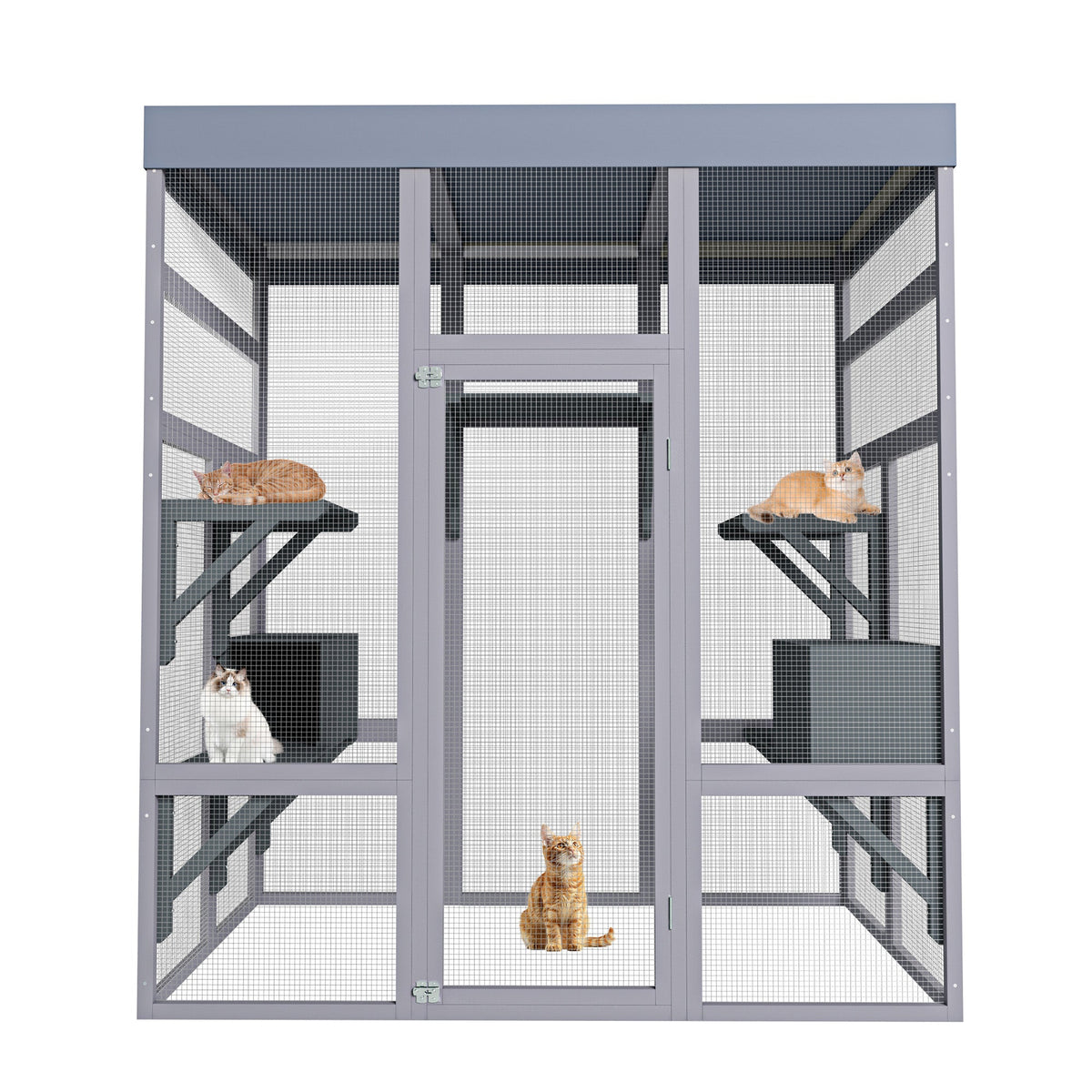 62.6" Wooden Outdoor Catio for Cats, Large Cat Enclosure with Waterproof Roof, 2 Napping House, Platforms & Galvanized Wire – Pet Cage for Backyard or Patio
