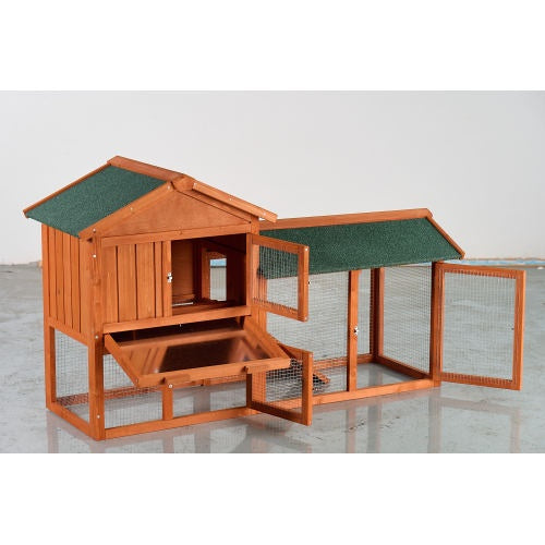 Large Wooden Rabbit Hutch, 2 Story Outdoor Bunny Cage With Waterproof Asphalt Roof, Pull-Out Tray Ramp, Fir Wood Pet House For Rabbits, Chickens, Guinea Pigs Brown Green