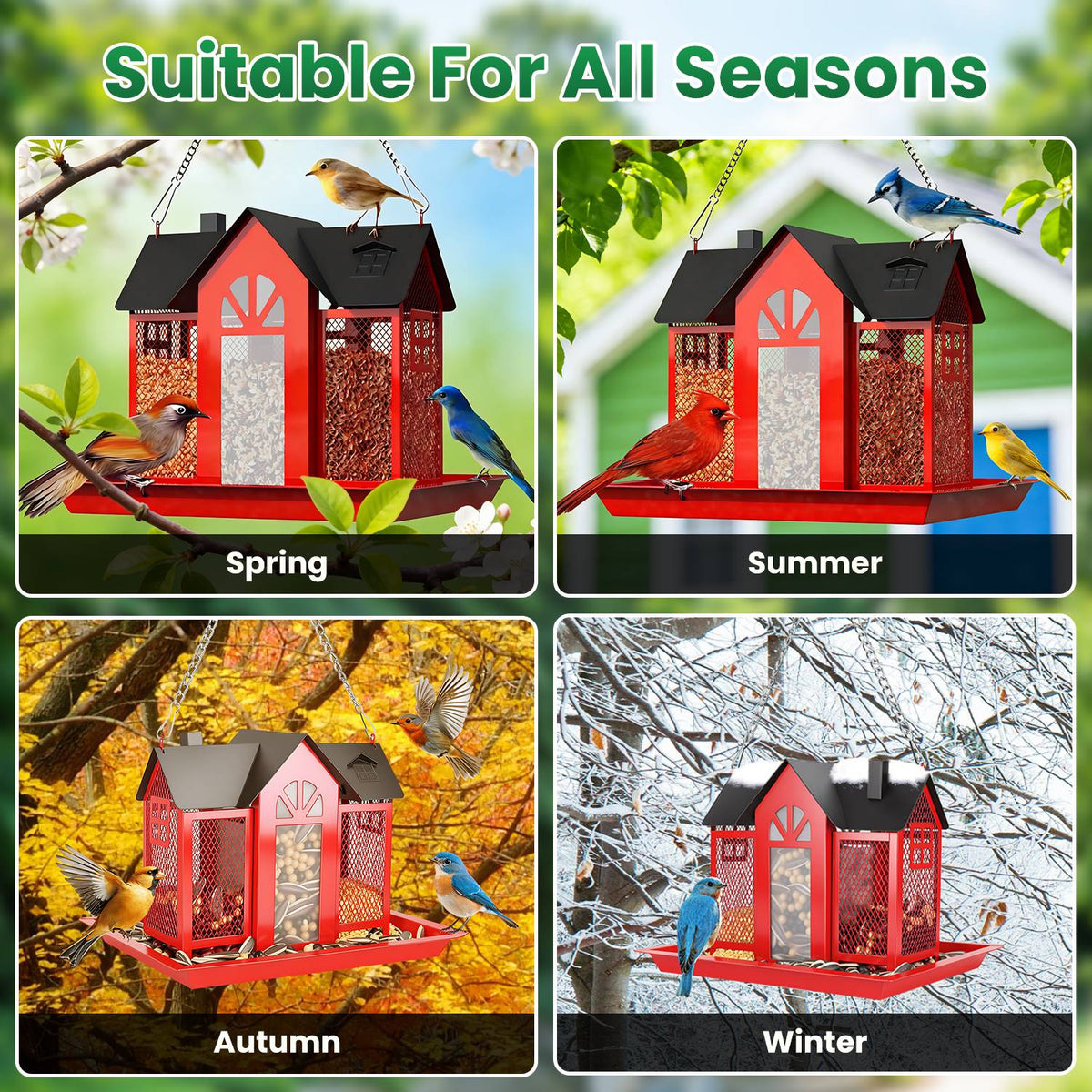 1Pc Metal Hanging Bird Feeder House Classic Barn Bird Feeder House Iron Hanging Outdoor Feeder With Visible Window And Lift Top Lid 15.75in Hanging Length Wild Birds Garden Yard