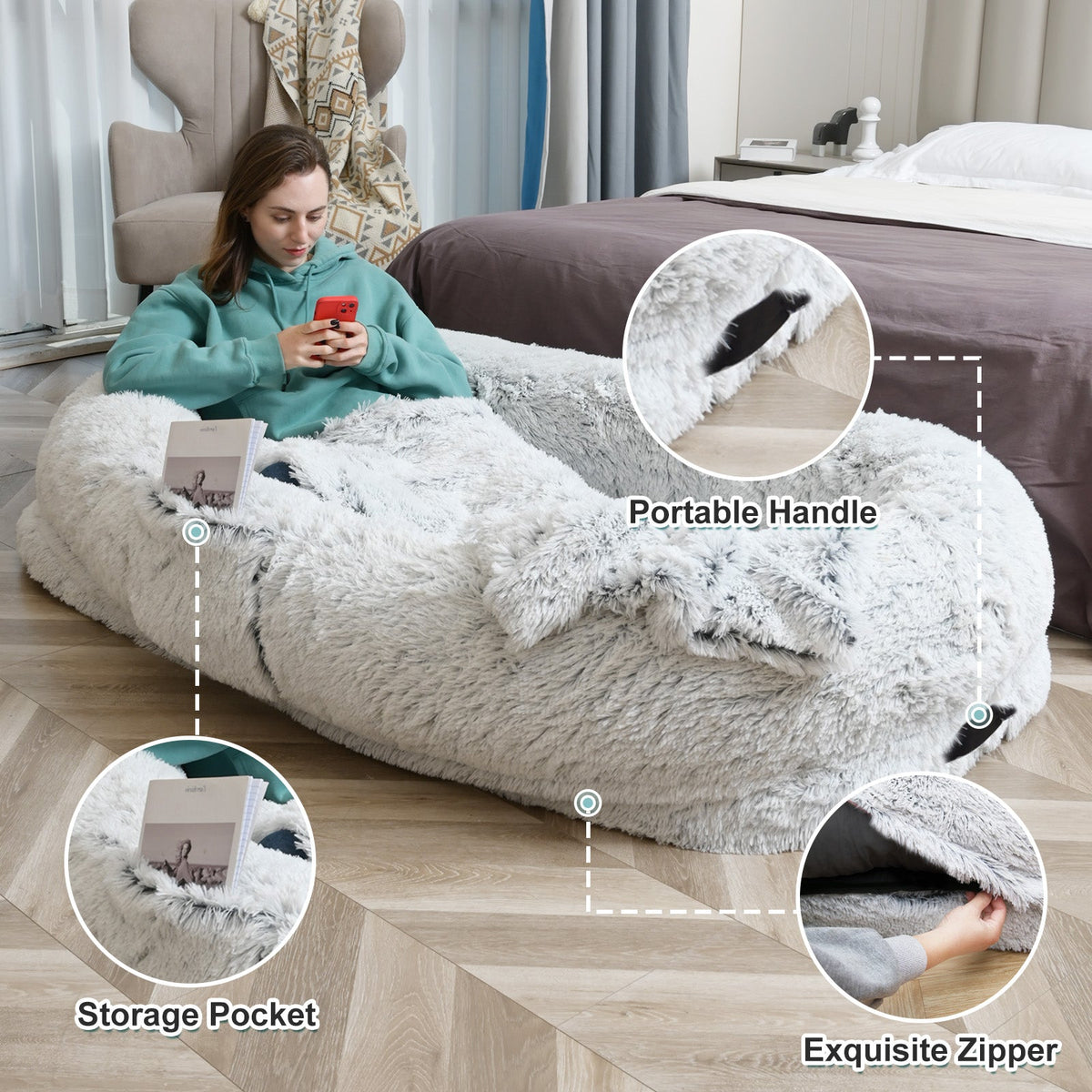 Human Dog Bed - 63 In X 31.4 In X 9.5 In Washable Faux Fur Lounger For Adults & Pets, Cushion With Orthopedic Support, Includes Pillow & Blanket