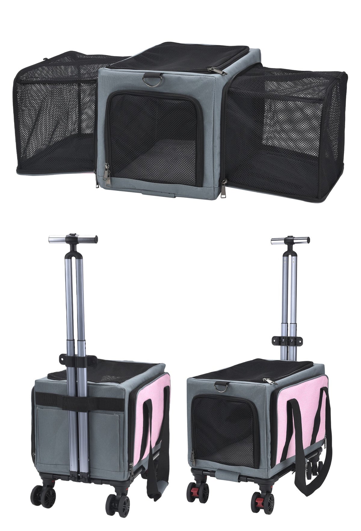 3-Sided Expandable Rolling Pet Carrier With Wheels, Small Cat Dog Travel Carrier, Foldable Portable Bag Grey For Travel Camping Vet Outdoor Indoor Use