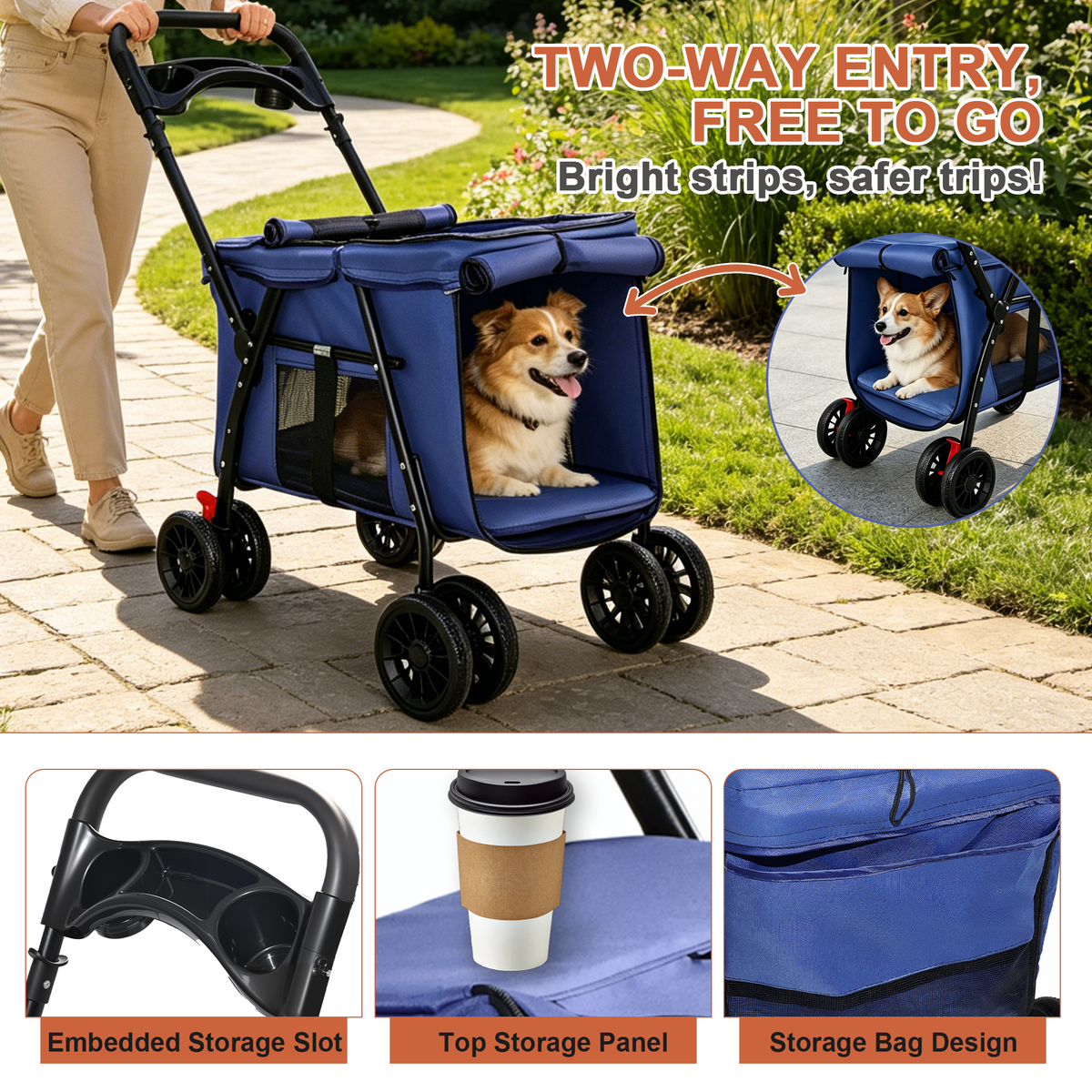 Pet Stroller, Foldable 4-Wheel Design, Breathable Mesh Dog Cat Stroller with Shockproof Wheels, Brake System, Storage Tray, 2 Fixed Safety Leashes, Large Space for Small Medium Pets, Navy Blue