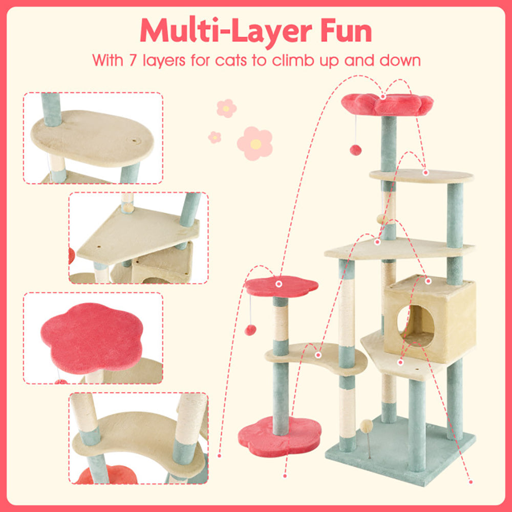 61 Inch Multi-Level Aesthetic Floral Kitten Tower With Flower-Shaped Padded Perch