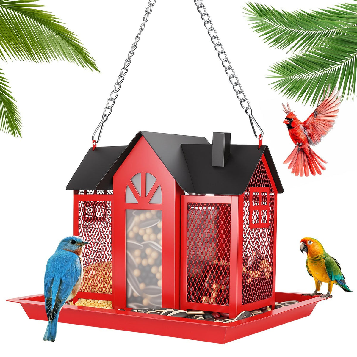 1Pc Metal Hanging Bird Feeder House Classic Barn Bird Feeder House Iron Hanging Outdoor Feeder With Visible Window And Lift Top Lid 15.75in Hanging Length Wild Birds Garden Yard