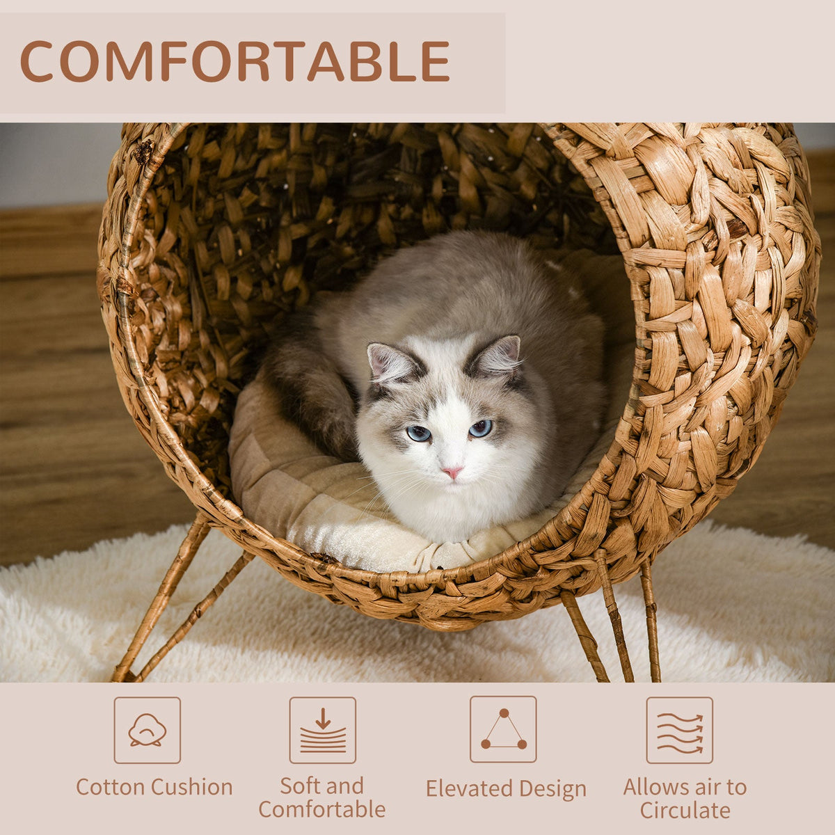 20.5" Weaved Cat Bed, Elevated Hand-woven Braided Banana Leaf Kitten House Condo with Cushion, Natural