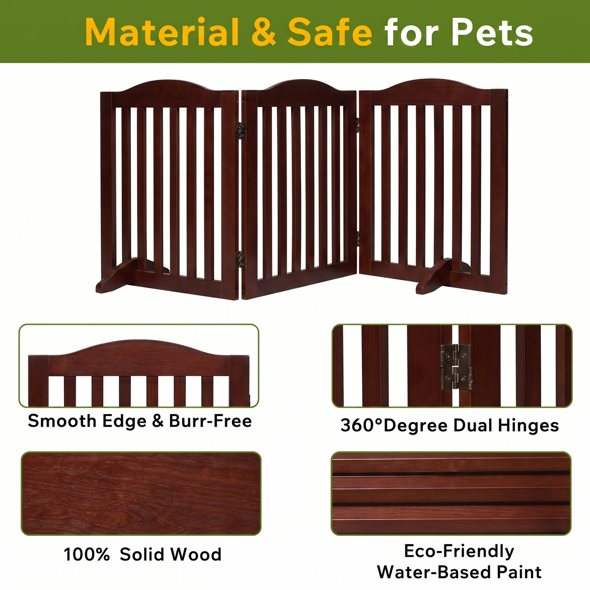 Wooden Freestanding Foldable Pet Gate for Dogs, 24 inch 3 Panels Step Over Fence, Dog Gate for The House, Doorway,