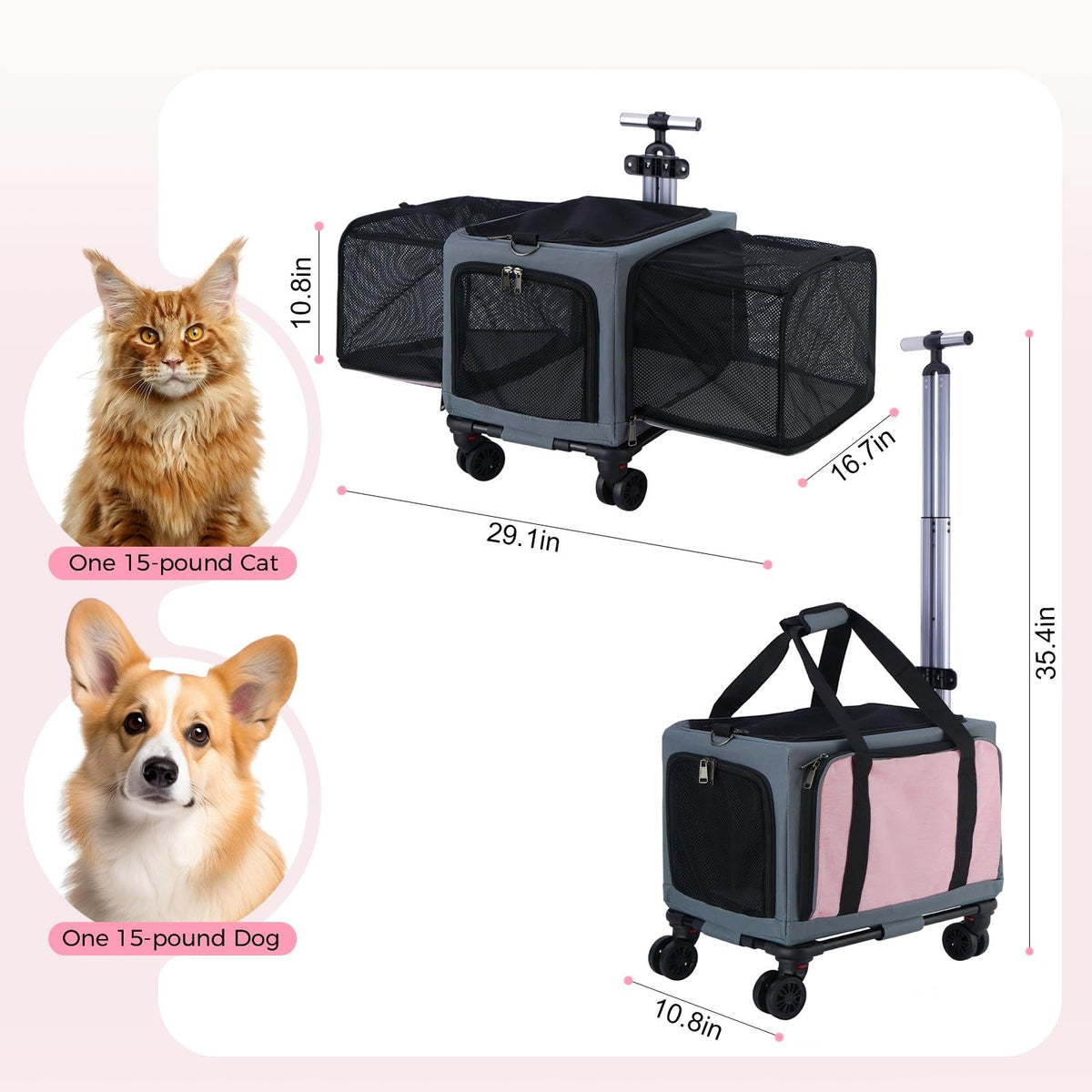 3-Sided Expandable Rolling Pet Carrier With Wheels, Small Cat Dog Travel Carrier, Foldable Portable Bag Grey For Travel Camping Vet Outdoor Indoor Use