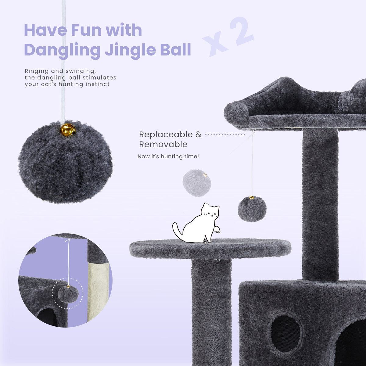 Large Cat Tree Tower, 62-70-80 Cat Tree Large Cats, Multi Level With Scratching Post, Cozy Cat Jumping Platform Space, Grey