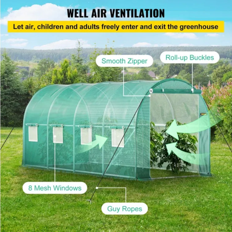 VEVOR Walk-in Tunnel Greenhouse, 14.8 X 6.6 X 6.6 Ft Portable Plant Hot House W Galvanized Steel Hoops, 1 Top Beam, Diagonal Poles, Zippered Door 8 Roll-up Windows, Green