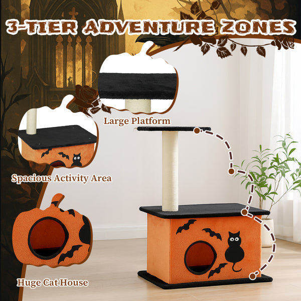33inch Halloween Cat Tree, Cat Tower Cat Tree For Indoor Cats With Spacious Cat Condo, Large Platform, Sisal Scratching Post, Orange & Black