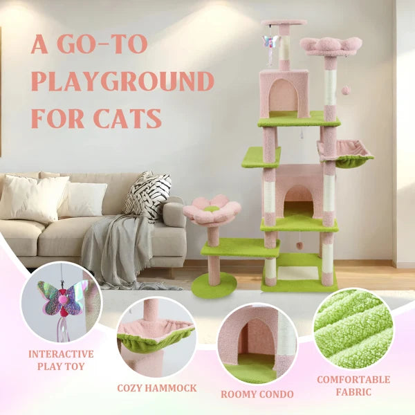 71 Inch Flower Cat Tree With Large Condo Removable Flower Cushion And Hammock Pink