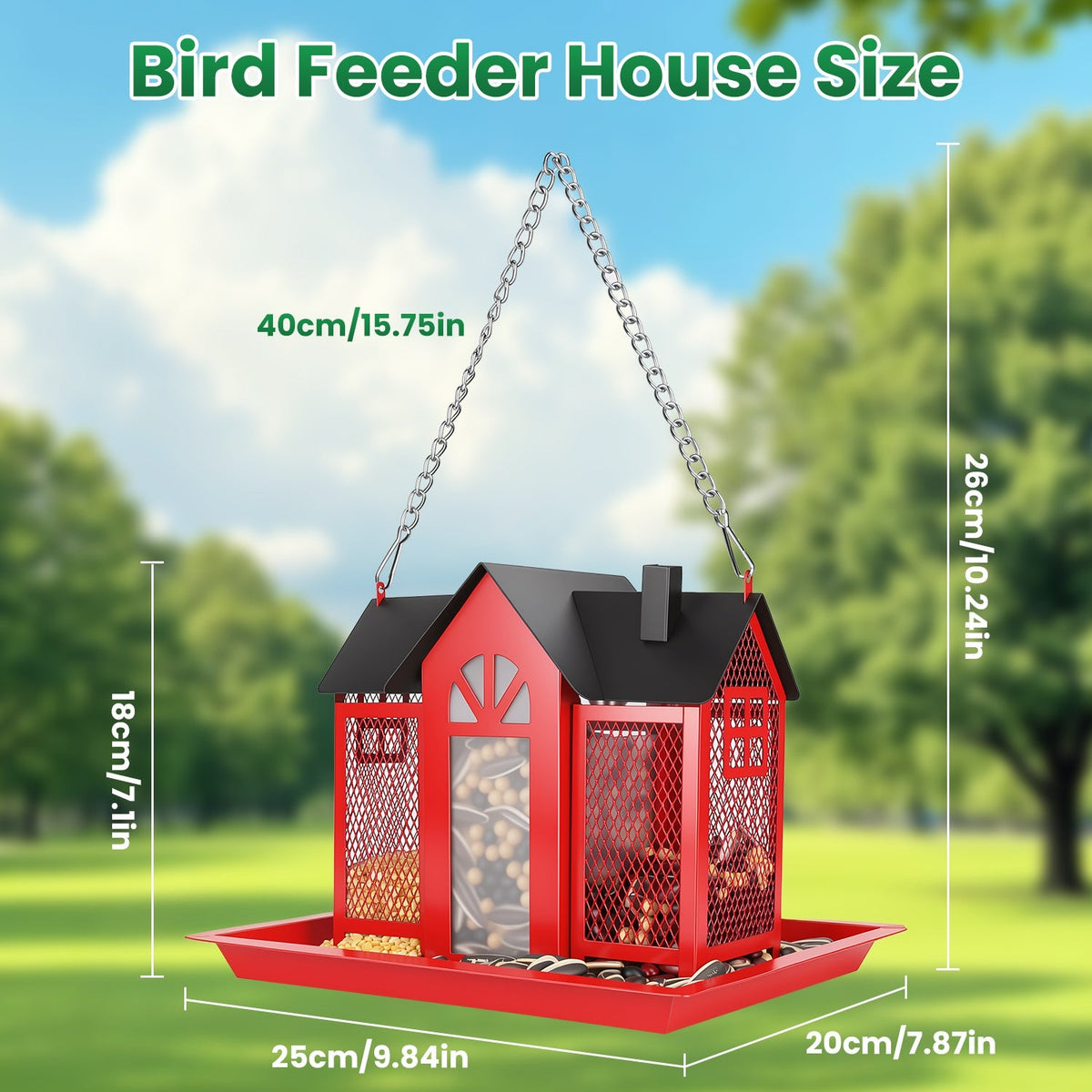 1Pc Metal Hanging Bird Feeder House Classic Barn Bird Feeder House Iron Hanging Outdoor Feeder With Visible Window And Lift Top Lid 15.75in Hanging Length Wild Birds Garden Yard