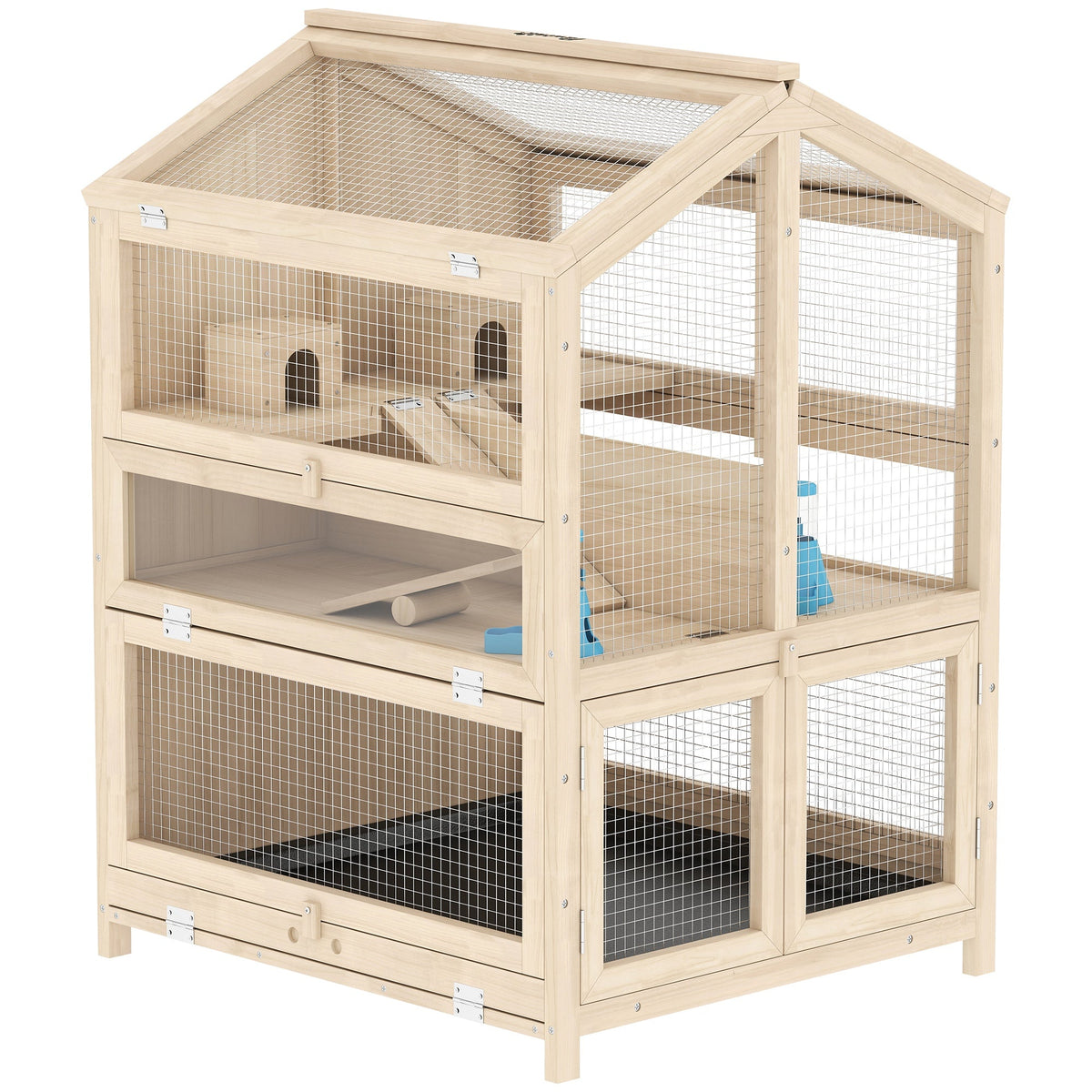 Wooden Hamster Cage, Large 3 Tier Hamster Cage w/ Pull-Out Tray, Openable Top, Hut, Seesaws, 26.8"L x 24.2"W x 35.4"H