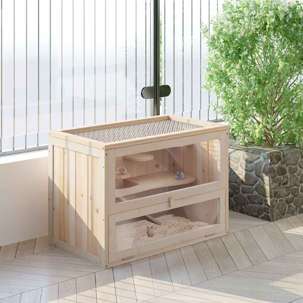 2-Level Hamster Cage Mice And Rat House, With Openable Top, Front Door, Shelf And Ladder For Hamsters, Mice And Other Small Rodents Ramps