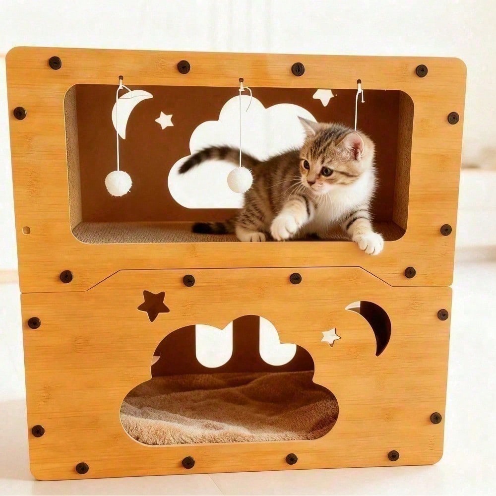 2 Styles Double Layer Cat Scratcher House Multifunctional Corrugated Paper Cat Nest Villa Large Space Cat Cave Bed With Hanging Ball Toy Wear Resistant Claw Grinding Cat House Indoor