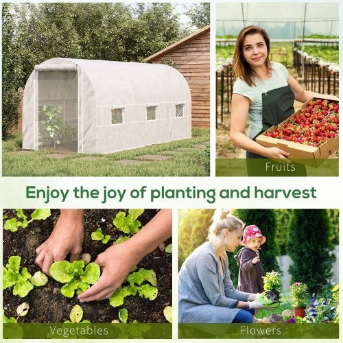 Outsunny 15 X 7 X 7 Walk-In Tunnel Greenhouse, Large Garden Hot House Kit With 6 Roll-up Windows & Roll Up Door, Steel Frame, White