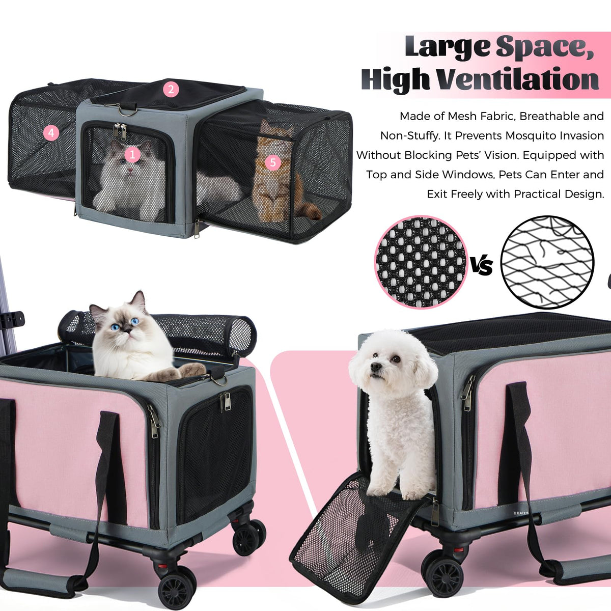 3-Sided Expandable Rolling Pet Carrier With Wheels, Small Cat Dog Travel Carrier, Foldable Portable Bag Grey For Travel Camping Vet Outdoor Indoor Use