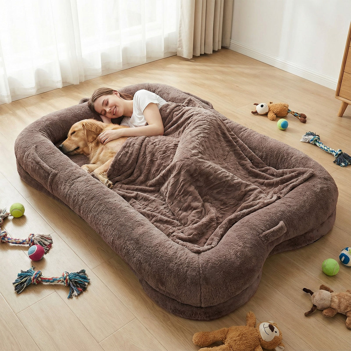 Human Dog Bed Washable Large Size Non Slip Bottom Comfortable Plush Giant Size Dog Bed With Blanket And Pocket For Home