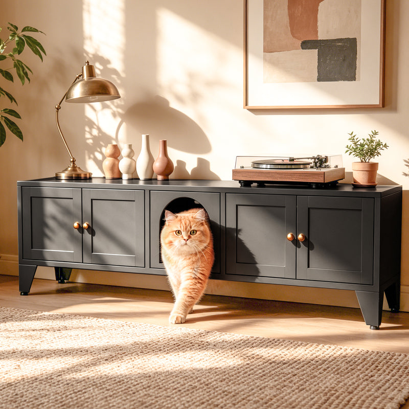 58in Metal Cat Litter Box Enclosure, Hidden Litter Furniture For 2 Cats, Large Indoor Cat House TV Stand Cabinet W Ventilation & 2 Compartments, Black Modern Pet Washroom W Adjustable Legs