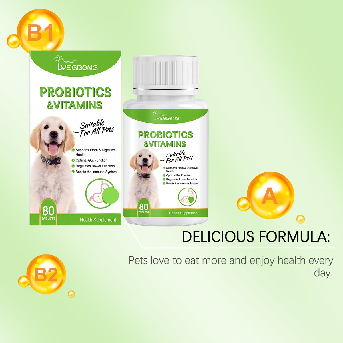 Pet Probiotics & Vitamin Tablets For Dogs & Cats, Gut Health Supplement, Support Digestion & Immune System, 80 Chewable Tablets
