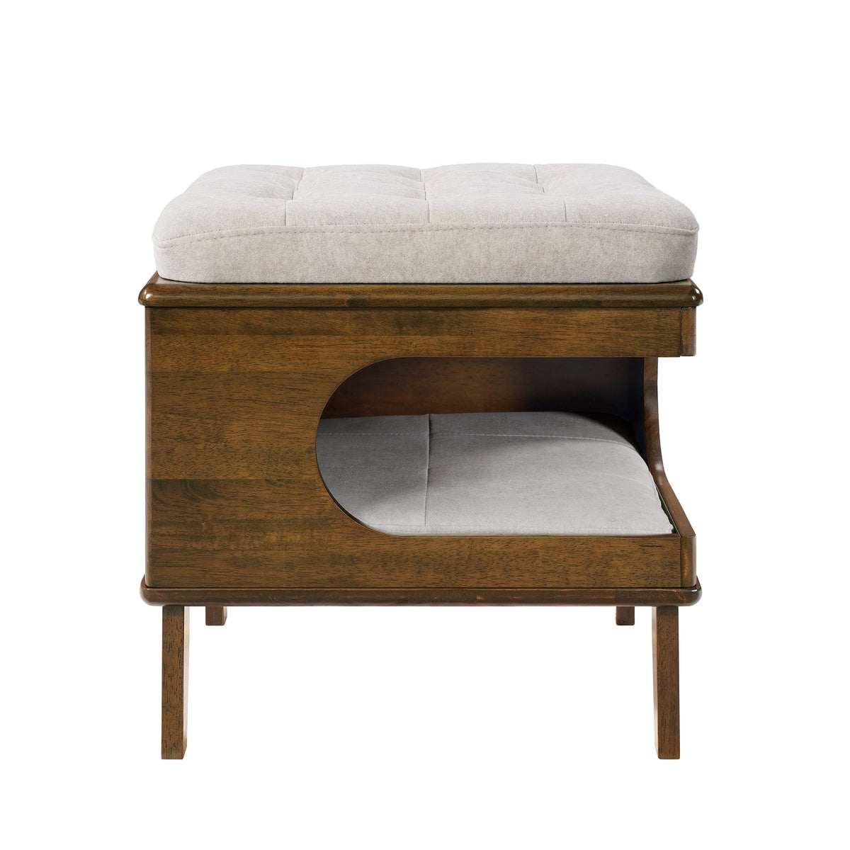 Letitia Rubber Wood Cat Bed Ottoman, 2-in-1 Tufted Pet Ottoman with Cat Cave, Multi-Functional Footstool with Cat Hideaway, Walnut Finish