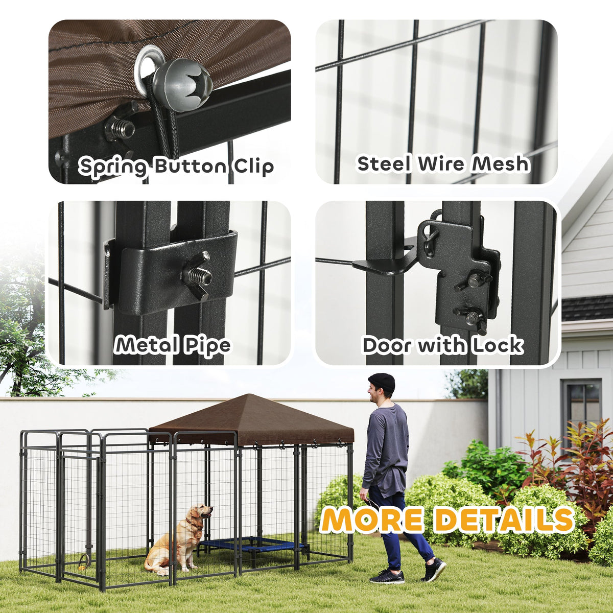 Dog Kennel Outdoor with Waterproof Canopy, Dog Run with Galvanized Chain Link, Secure Lock, for Backyard and Patio, Large and Medium Sized Breeds, Chickens, Ducks, 9.3 x 4.6 x 5.2