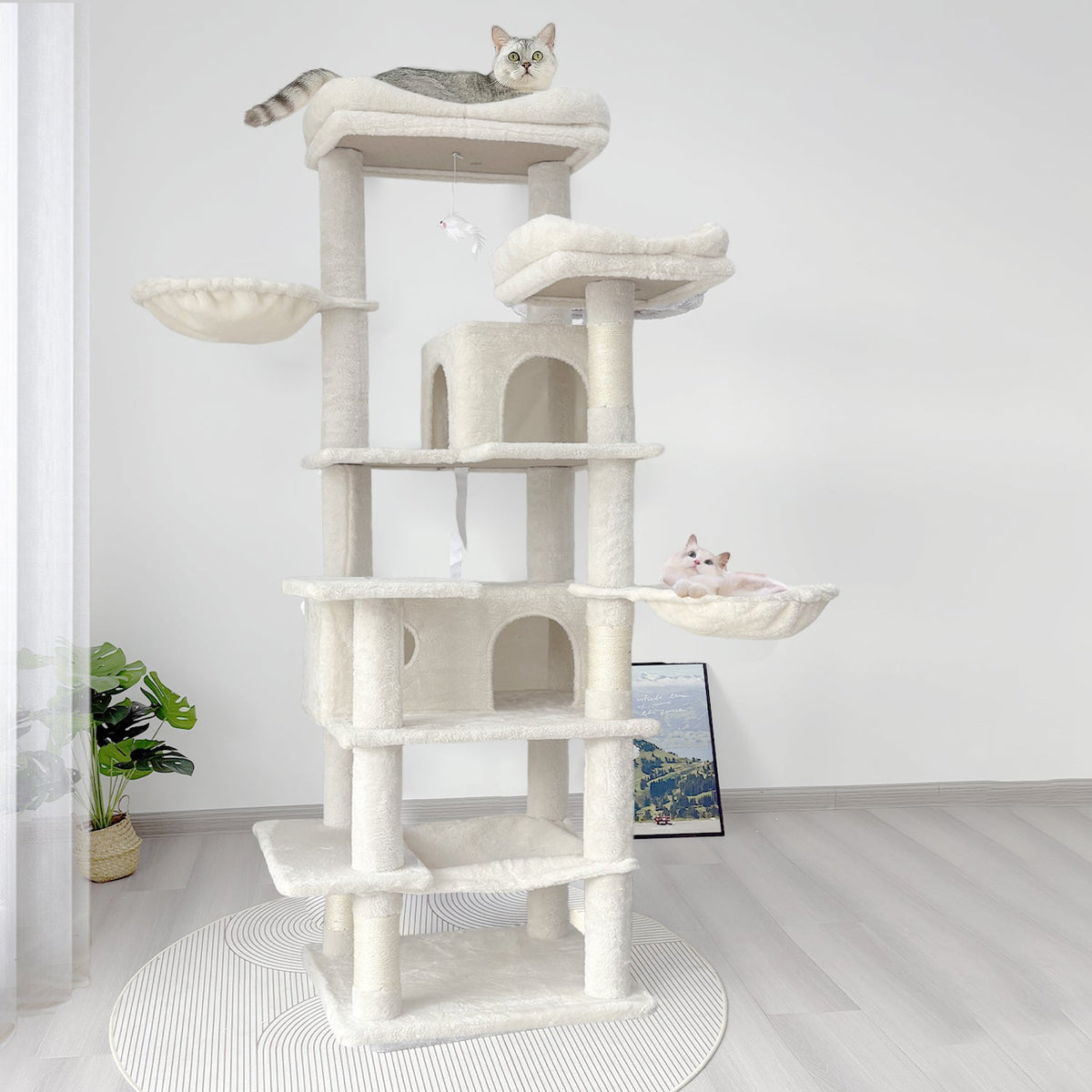 68in Tall Multi-Level Green Cat Tree with Hammocks, Hanging Basket, Cat Cave, Removeable Cushion, Scratching Posts - Plush Cat Tower for Indoor Cats, Perfect for Multiple Cats Beige