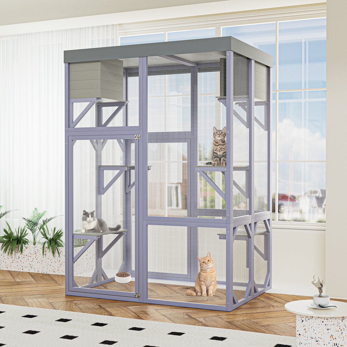 Outdoor Wooden Catio Multi-functional Cat Enclosure, 4 Platforms & 2 Napping Houses, 2 Strong Locks, Rounded Corner, Stepped design,Galvanized Wire