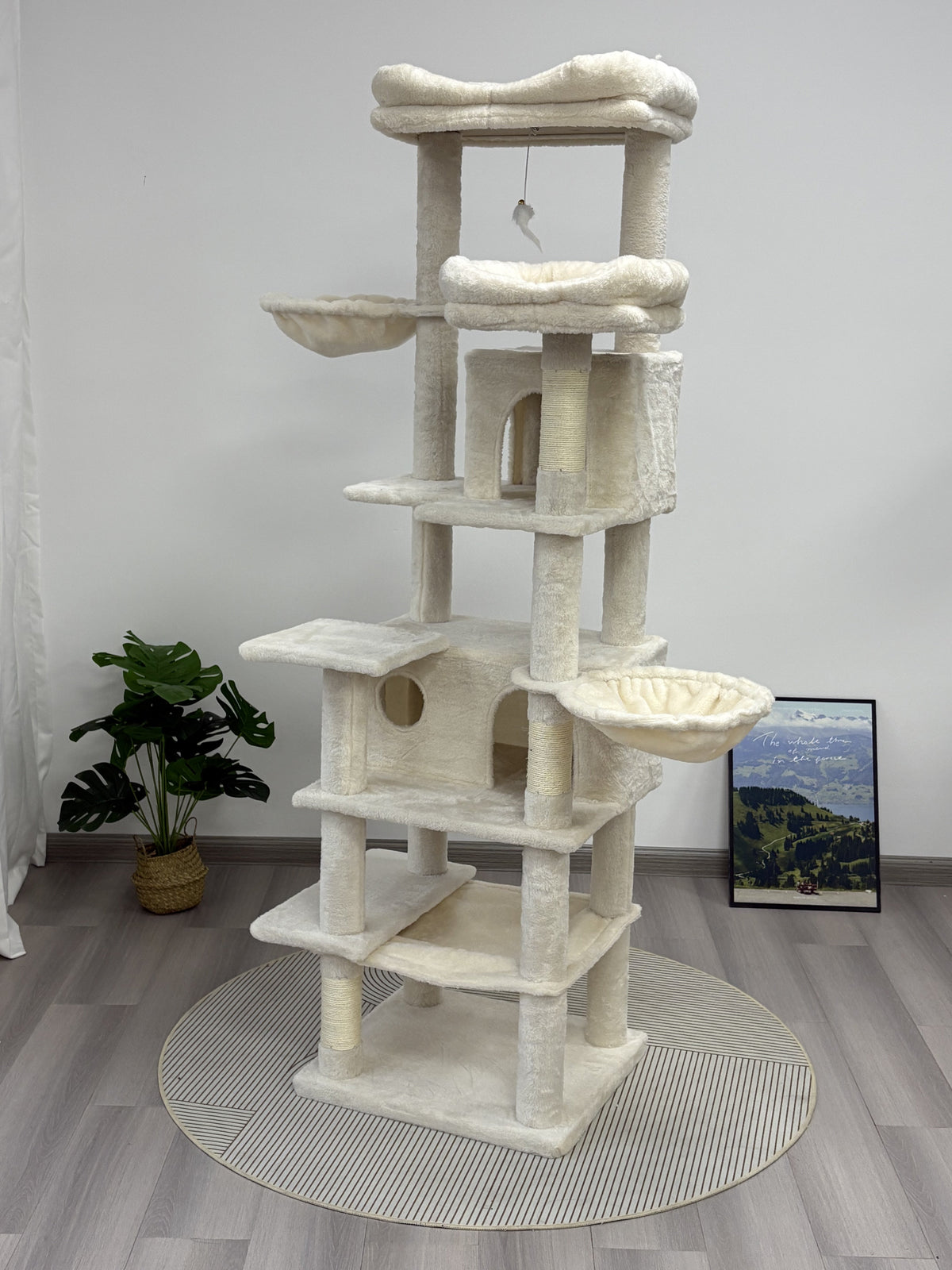 68in Tall Multi-Level Green Cat Tree with Hammocks, Hanging Basket, Cat Cave, Removeable Cushion, Scratching Posts - Plush Cat Tower for Indoor Cats, Perfect for Multiple Cats Beige