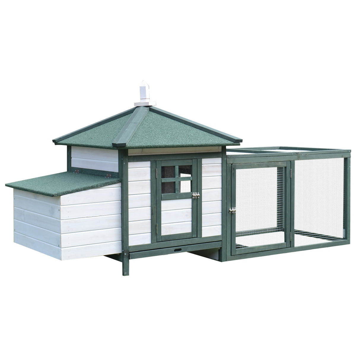 77" Wooden Chicken Coop Hen House Poultry Cage with Weatherproof Roof, Nesting Box, Enclosed Run and Removable Tray for Outdoor Backyard, Green