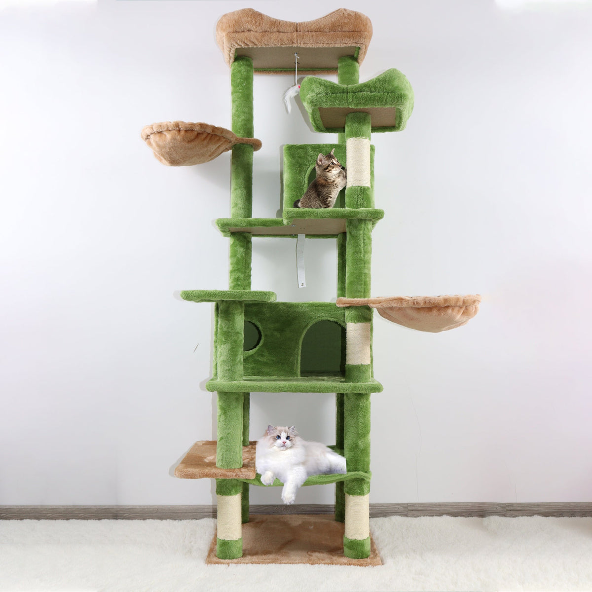 68in Tall Multi-Level Green Cat Tree with Hammocks, Hanging Basket, Cat Cave, Removeable Cushion, Scratching Posts - Plush Cat Tower for Indoor Cats, Perfect for Multiple Cats Green