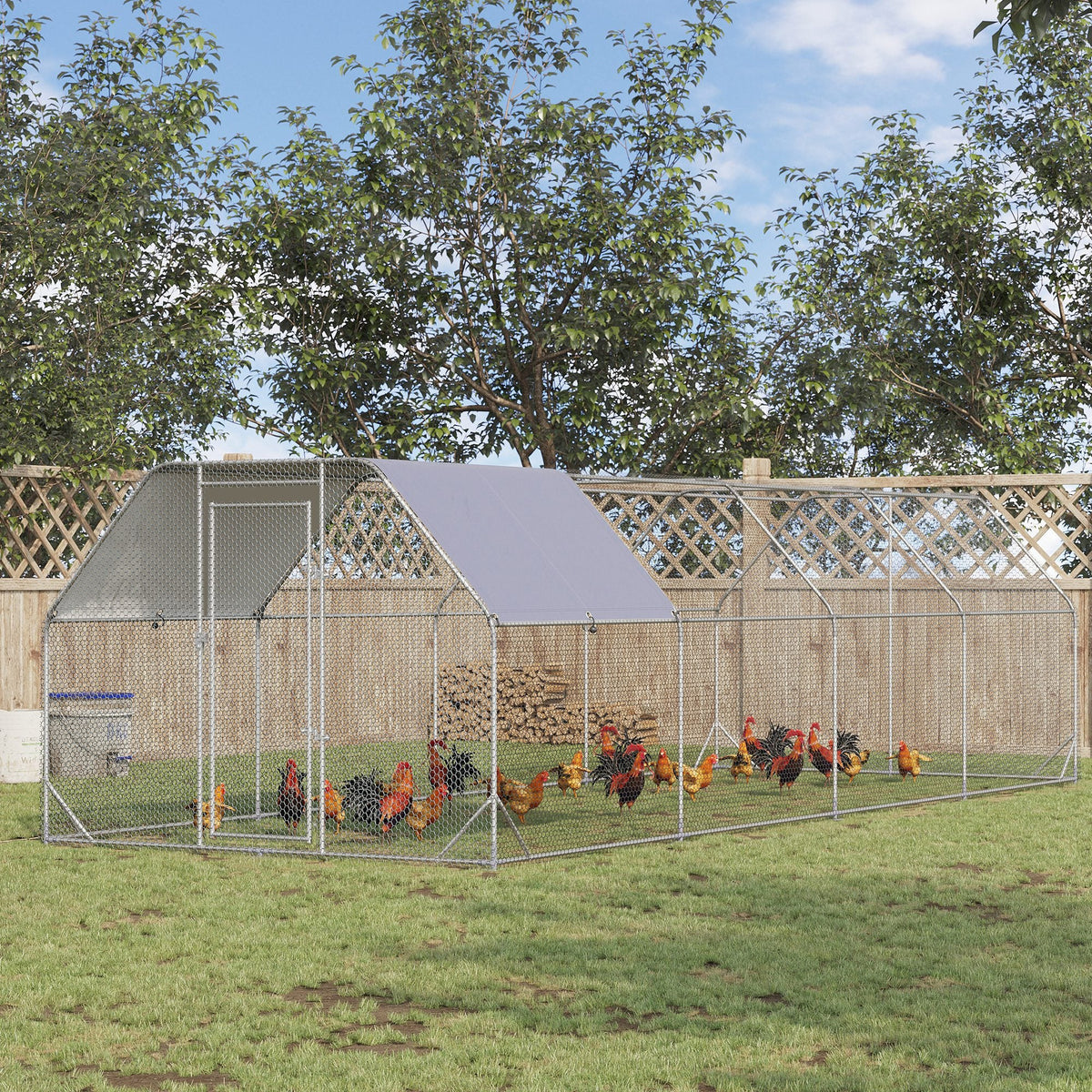 Large Chicken Coop Metal Chicken Run with Waterproof and Anti-UV Cover, Flat Shaped Walk in Fence Cage Hen House for Outdoor and Yard Farm Use, 1" Tube Diameter, 9.2 x 24.9 x 6.4
