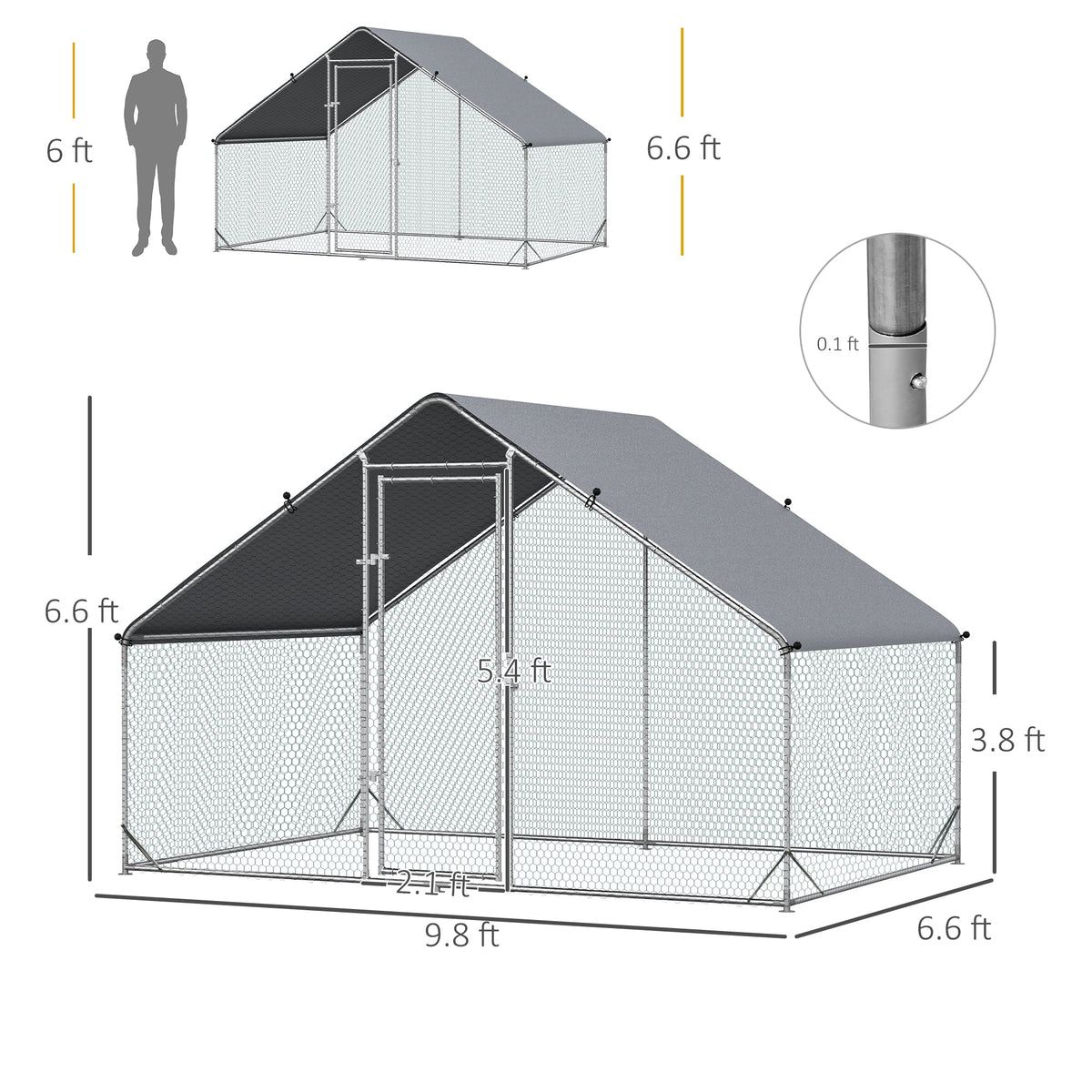Large Chicken Coop Metal Chicken Run with Waterproof and Anti-UV Cover, Spire Shaped Walk in Fence Cage Hen House for Outdoor and Yard Farm Use, 1" Tube Diameter, 9.8 x 6.6 x 6.6